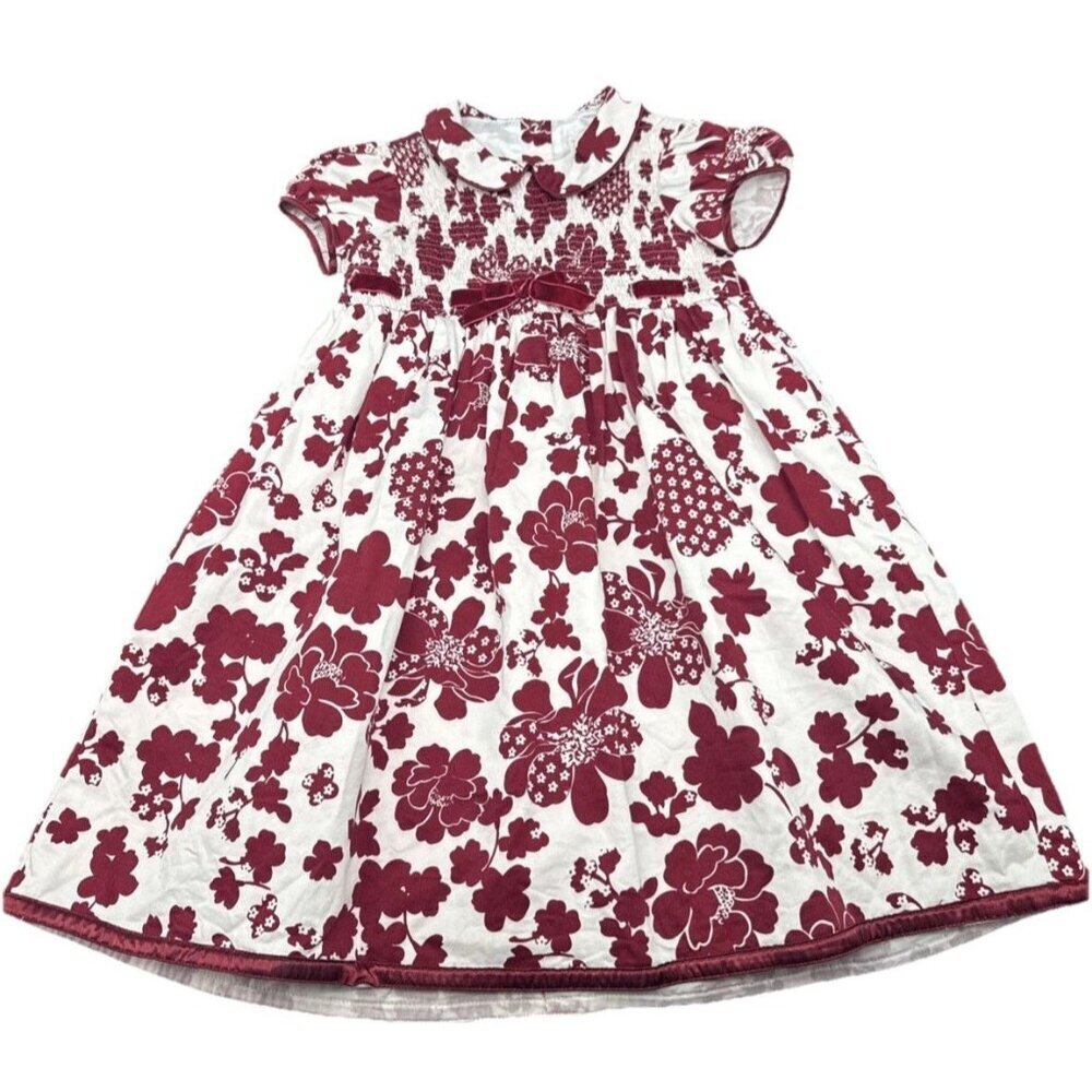 Trish Scully Child Burgundy Floral Velvet Bow/Trim‎ Smocked Lined Dress Sz 5
